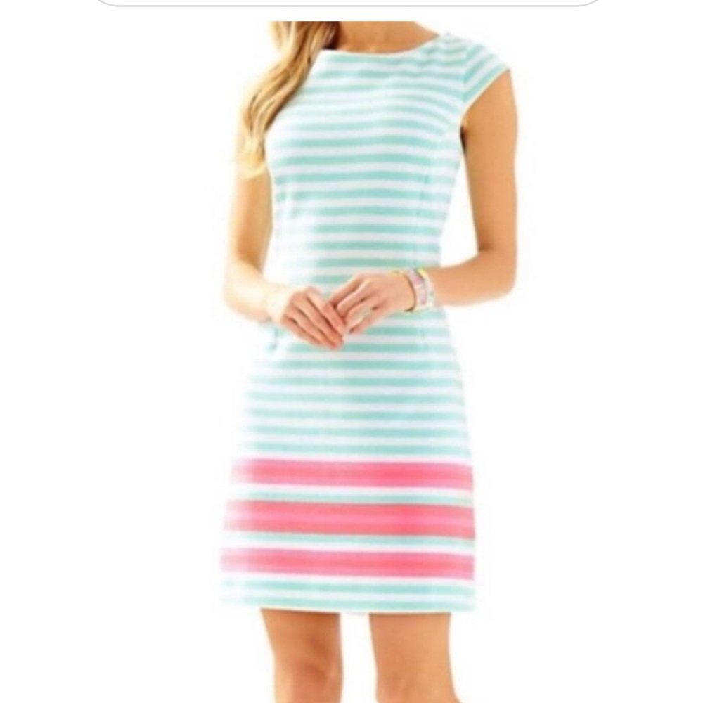 Lilly Pulitzer Lana Mint White Stripe Ribbed Cap Sleeve Dress Poolside Blue, XS - Picture 1 of 7